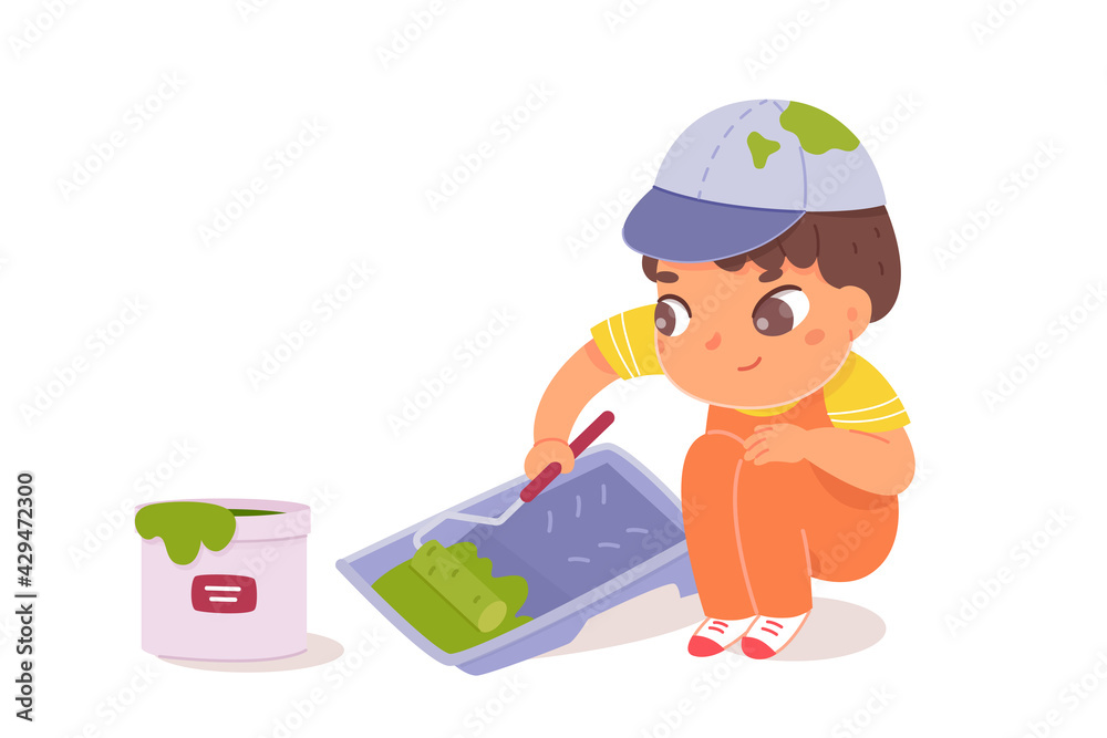 Boy holding roller with green colour for painting in kindergarten. Kid doing creative art in school vector illustration. Little happy child drawing isolated on white background Boy holding roller with green colour for painting in kindergarten. Kid doing creative art in school vector illustration. Little happy child drawing isolated on white background