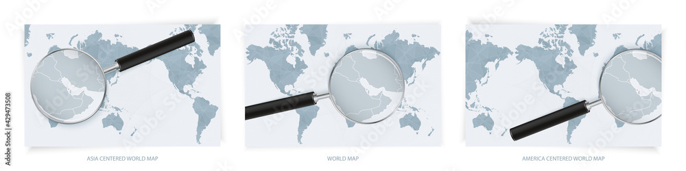 Blue Abstract World Maps with magnifying glass on map of Bahrain with the national flag of Bahrain. Three version of World Map. Blue Abstract World Maps with magnifying glass on map of Bahrain with the national flag of Bahrain. Three version of World Map.