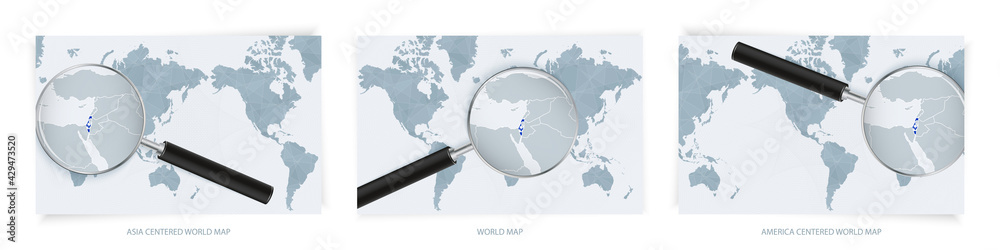 Blue Abstract World Maps with magnifying glass on map of Israel with the national flag of Israel. Three version of World Map. Blue Abstract World Maps with magnifying glass on map of Israel with the national flag of Israel. Three version of World Map.