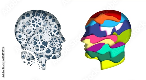 Man head silhouettes with gears and abstract vibrant shapes, vector paper cut illustration. Creative and logical mind.