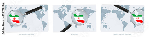 Blue Abstract World Maps with magnifying glass on map of Iran with the national flag of Iran. Three version of World Map.