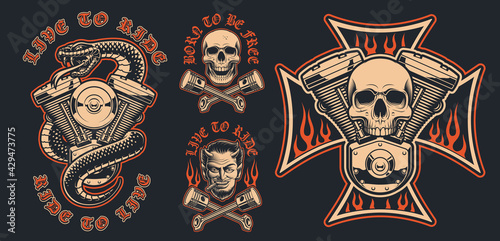 Set of  biker emblems on a dark background. These vector illustrations are perfect for apparel designs, logos, and many other uses.