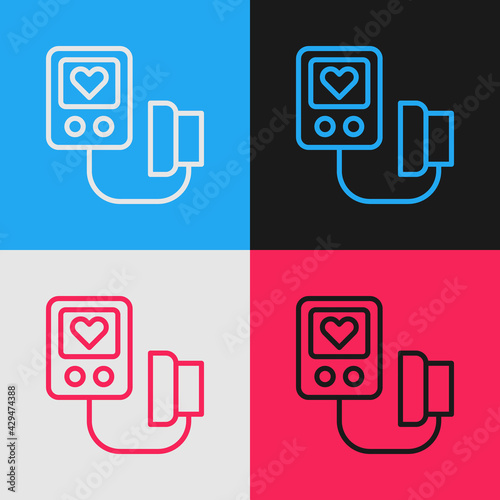 Pop art line Blood pressure icon isolated on color background. Vector