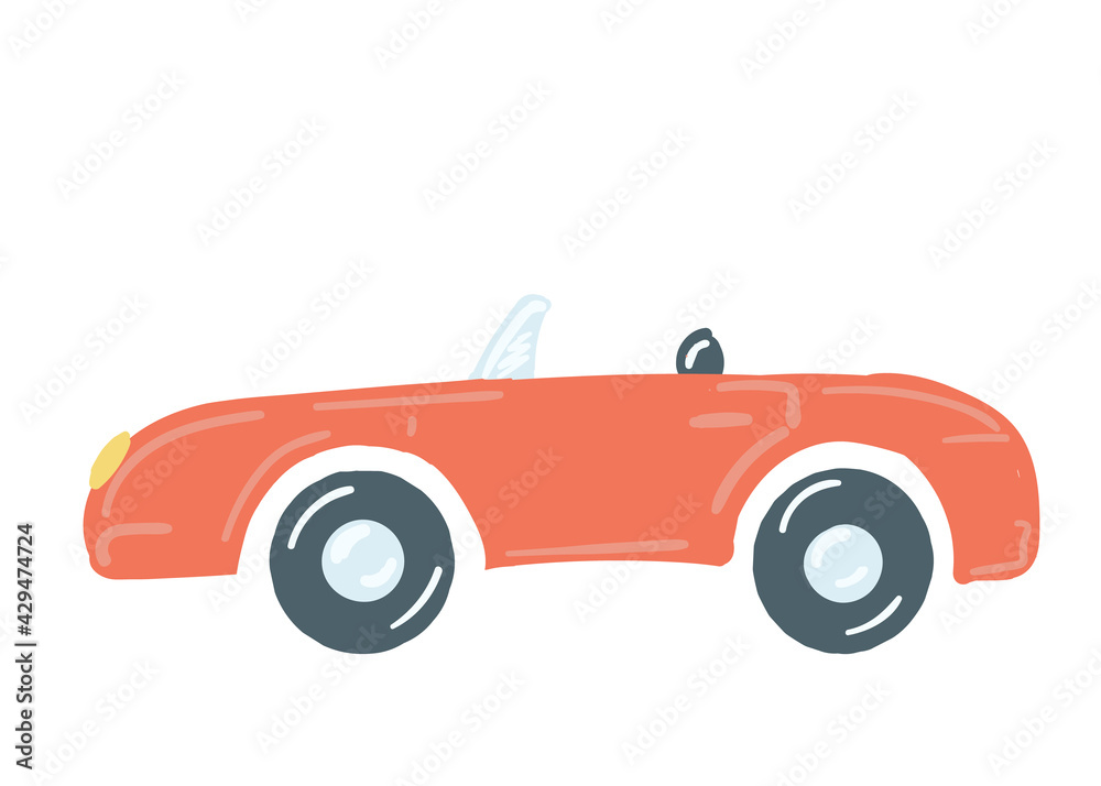 passenger car convertible in red. insulated machine without a roof. hand drawn cartoon style, vector illustration