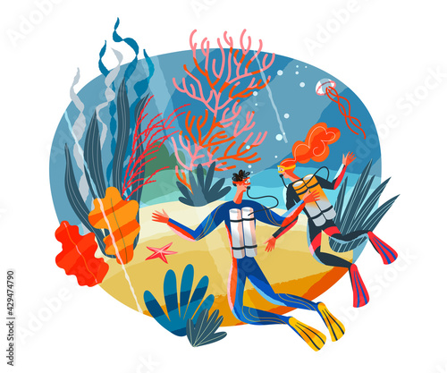 Man and woman scuba diving underwater. Divers in ocean looking at coral reef, plants, star vector illustration. Marine life in water background. Guy and girl swimming in suits