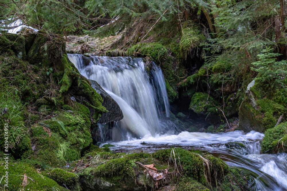 Obraz premium Cascade falls over mossy rocks