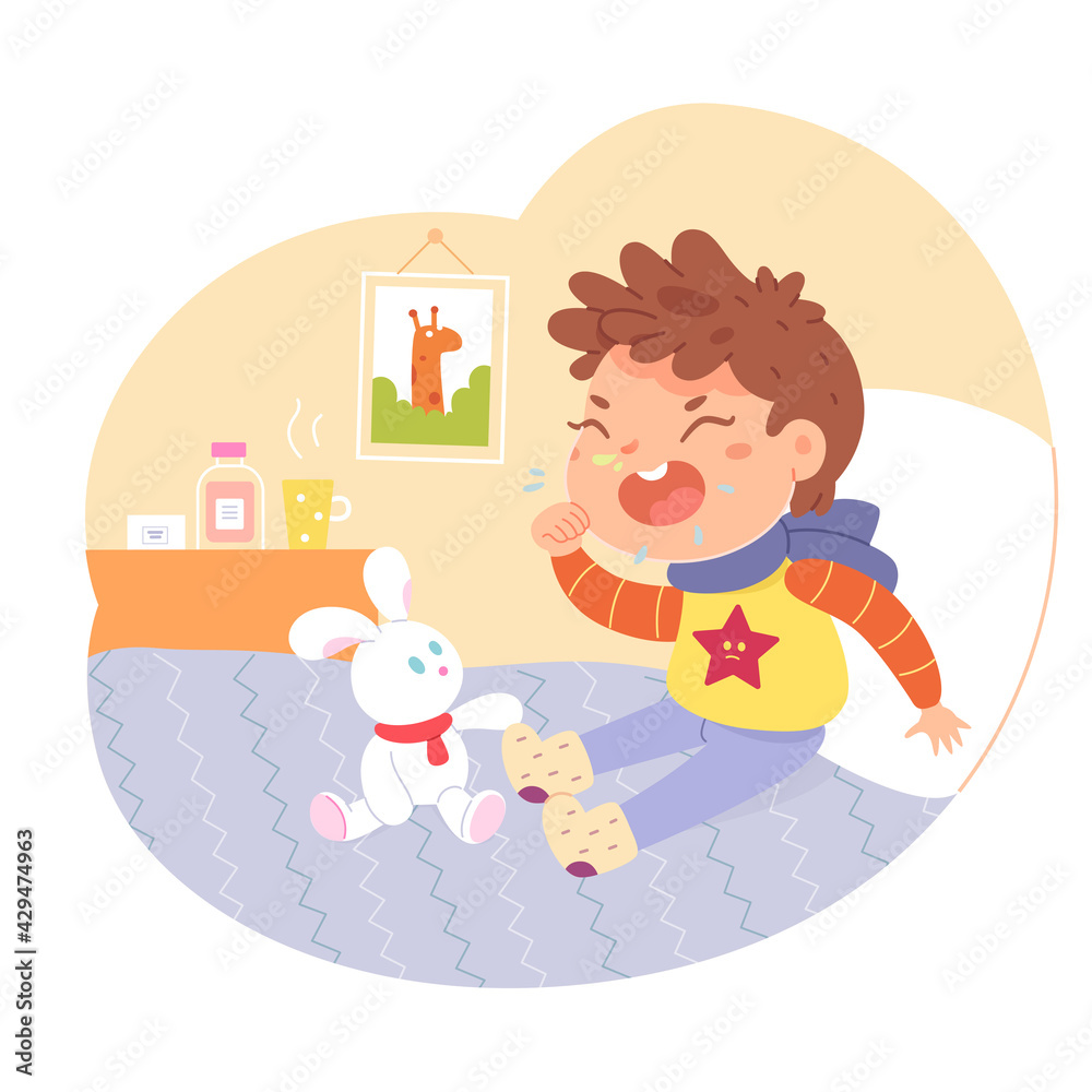 Sick boy in bed with cold. Child with temperature sitting unwell in scarf with rabbit toy at home vector illustration. Little kid having disease and staying in bedroom with cup, medicine