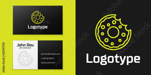 Logotype line Donut with sweet glaze icon isolated on black background. Logo design template element. Vector