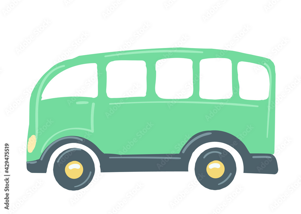 yellow car bus. isolated car. hand drawn cartoon style, vector illustration. public transport.