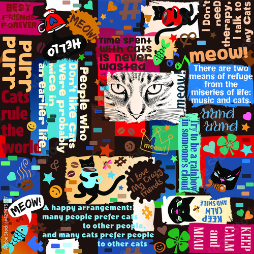 Seamless pattern collage with cats, quotes, saying, phrases, stars. Design for prints, gift, shirts, packaging, interiors, music and posters. Cat Cafe. Pet supplies