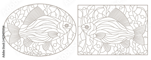 A set of contour illustrations in the stained glass style with carp fishes on a background of algae, dark contours on a white background