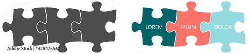 Simple three connected jigsaw puzzle pieces illustration, gray and colour version photo