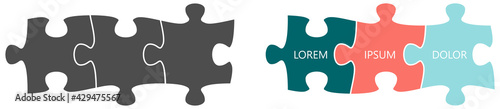 Simple three connected jigsaw puzzle pieces illustration, gray and colour version