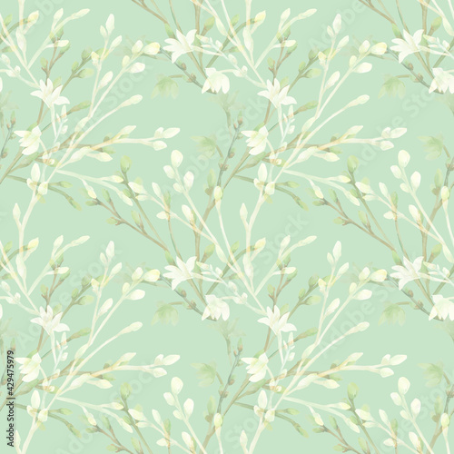 Watercolor illustration of a flowering branch.The motive of the tree branch, the image on a white and colored background.Seamless pattern.
