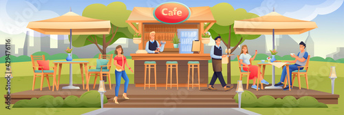 People in summer cafe with terrace outdoor scene. Restaurant outside with tables under umbrellas, bar counter vector illustration. Couple sitting, waiter going, man at counter