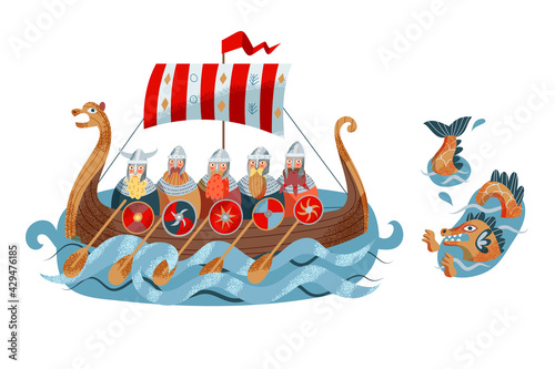 Viking men traveling in ship in sea. Medieval Norway people sailing in water with monster vector illustration. Men with shields and armour standing isolated on white background
