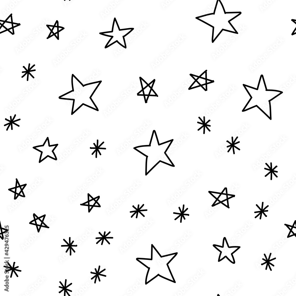 Hand drawn stars seamless pattern. Monochrome texture background of star doodle illustrations. Hand drawn stars seamless pattern. Monochrome texture background of star doodle illustrations.