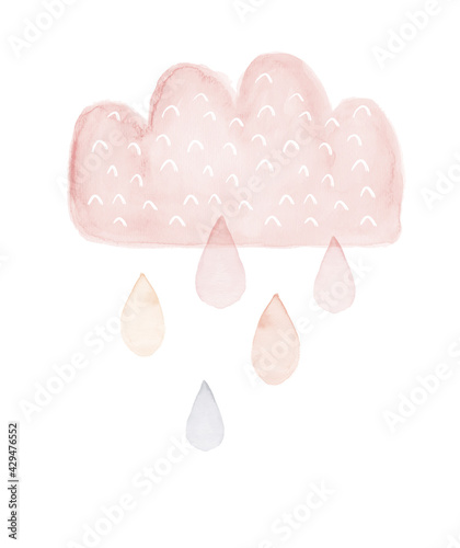 Watercolor Painting with Pastel Pink Cloud and Rain Drops. Cute Nursery Vector Art with Rainy Cloud Isolated on a White Background. Lovely Print ideal for Card, Wall Art, Baby Shower Decoration.