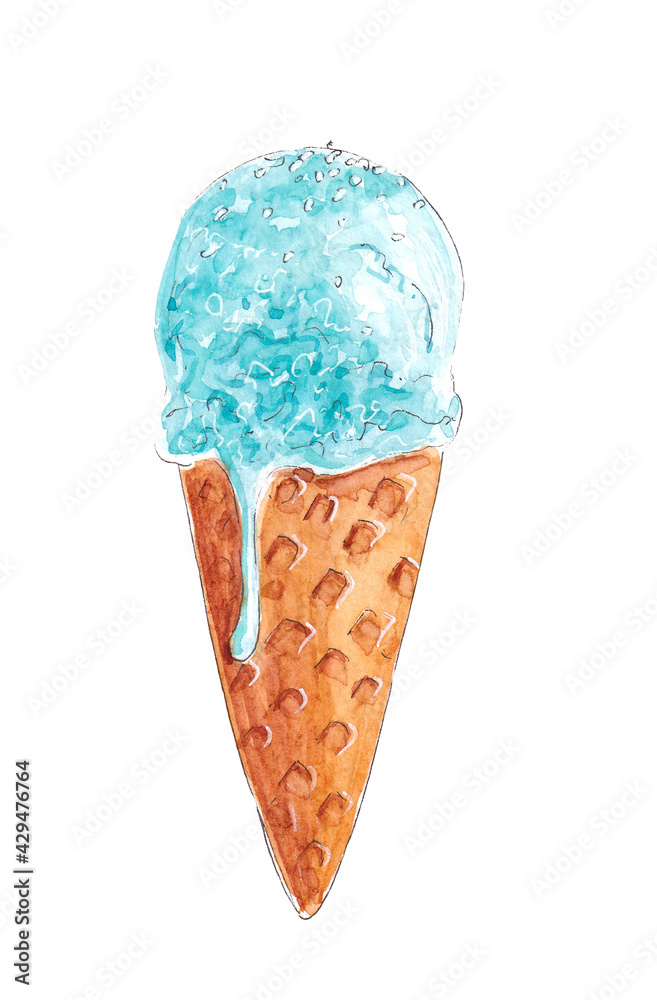 Hand drawn watercolor tasty blue Ice cream cone Hand drawn watercolor tasty blue Ice cream cone