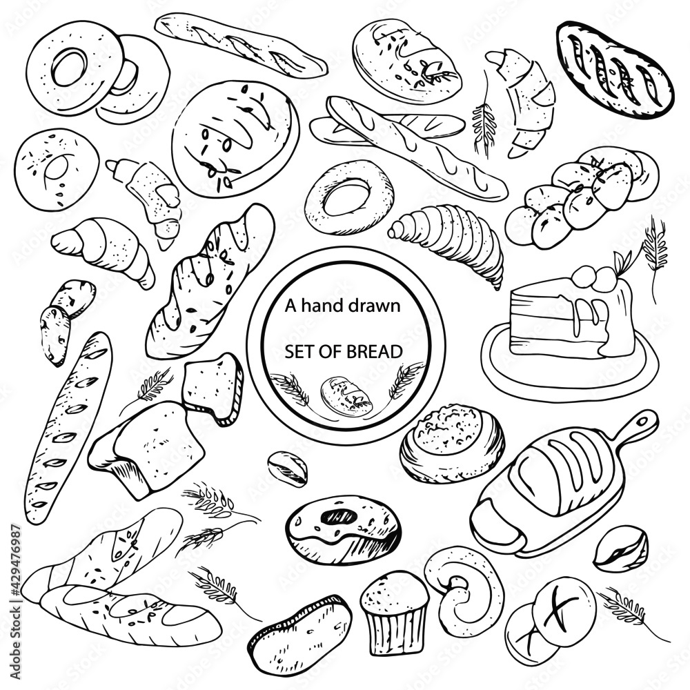 hand drawn SET OF BREAD, hand drawn food set hand drawn SET OF BREAD, hand drawn food set