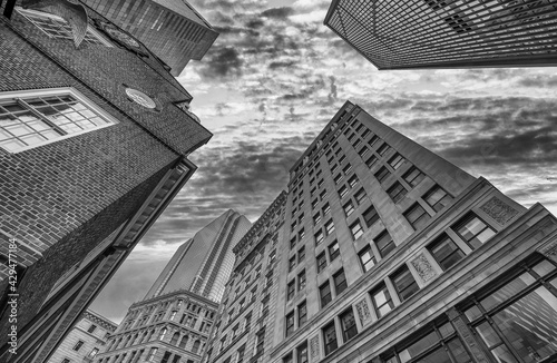 Sunset view of Boston buildings from city street, Massachusetts, USA