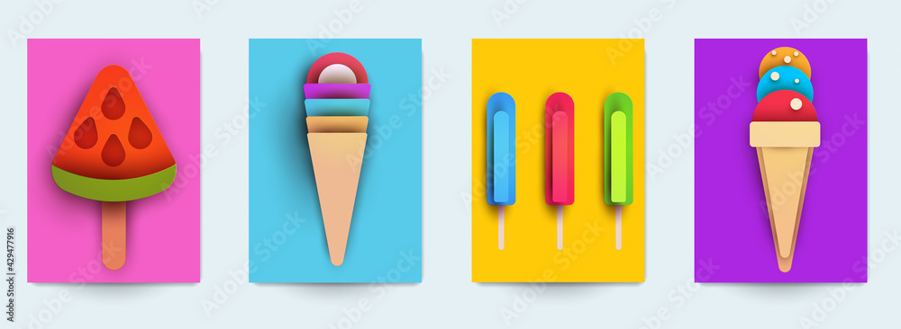 Collection templats cover with ice cream. Abstract art composition in modern geometric papercut style. Minialistic concept design for branding banner, flyer, book, menu, card. Vector illustration.