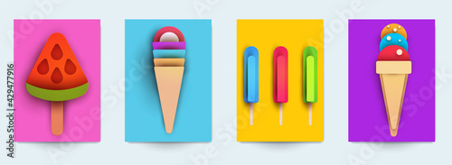 Collection templats cover with ice cream. Abstract art composition in modern geometric papercut style. Minialistic concept design for branding banner, flyer, book, menu, card. Vector illustration.