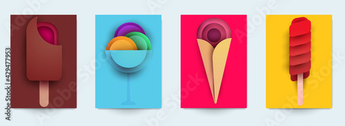 Collection templats cover with ice cream. Abstract art composition in modern geometric papercut style. Minialistic concept design for branding banner  flyer  book  menu  card. Vector illustration.