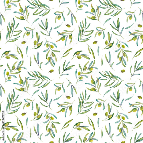 Watercolor seamless pattern of olive branch with green leaves, white background