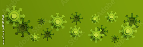 Flying bacteria, molecule or virus in modern paper cut style isolated on green background. Craft origami design element. Minimalistic colorful geometric concept. Vector illustration.