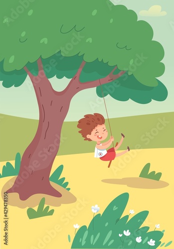 Happy kid on swing in park on summer day. Boy having fun playing during holiday vacation. Cute child swinging on tree and laughing on playground. Outdoor activities in nature vector illustration © backup_studio