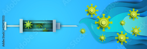 Green bacteria, molecule or virus in syringe . Modern paper cut style. Craft origami design banner. Minimalistic colorful geometric concept. Vector illustration.