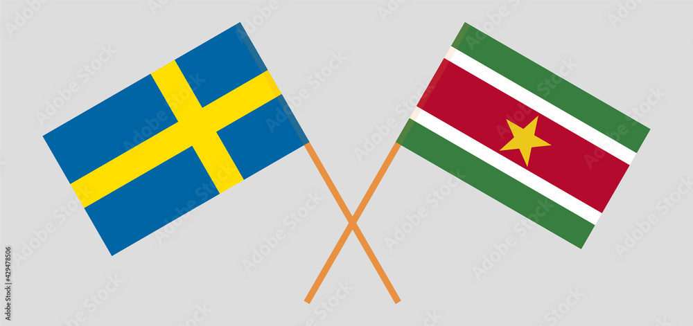 Crossed flags of Sweden and Suriname. Official colors. Correct proportion