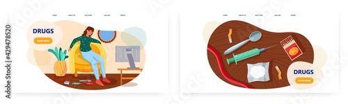 Drugs landing page design, website banner vector template set. Woman heroin addict sitting in armchair. Drug addiction.