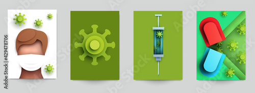 Set background banner, card or cover with bacteria, molecule or virus in modern paper cut style. Craft origami design element. Medical minimalistic colorful geometric concept. Vector illustration.