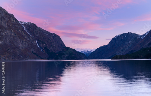 Sunset over Lake Sandvinvatnet from a campground in the town of Odda, Norway, Scandinavia photo