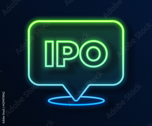 Glowing neon line IPO - initial public offering or stock market launch icon isolated on blue background. Vector