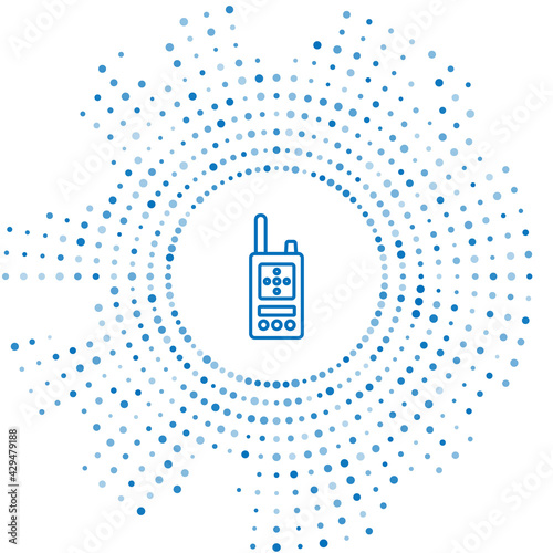 Blue line Walkie talkie icon isolated on white background. Portable radio transmitter icon. Radio transceiver sign. Abstract circle random dots. Vector