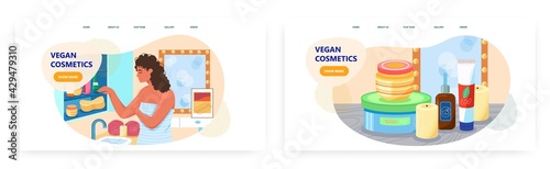 Vegan cosmetics landing page design, website banner vector template set. Girl using eco friendly ethical beauty cosmetic