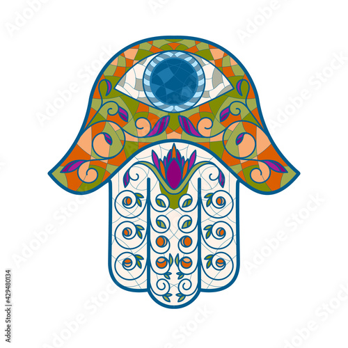 A traditional Oriental or Indian sacred amulet of a religious symbol-Hamsa, the hand of David, with an art Nouveau and stained glass ornament. Vector illustration isolated on a white background