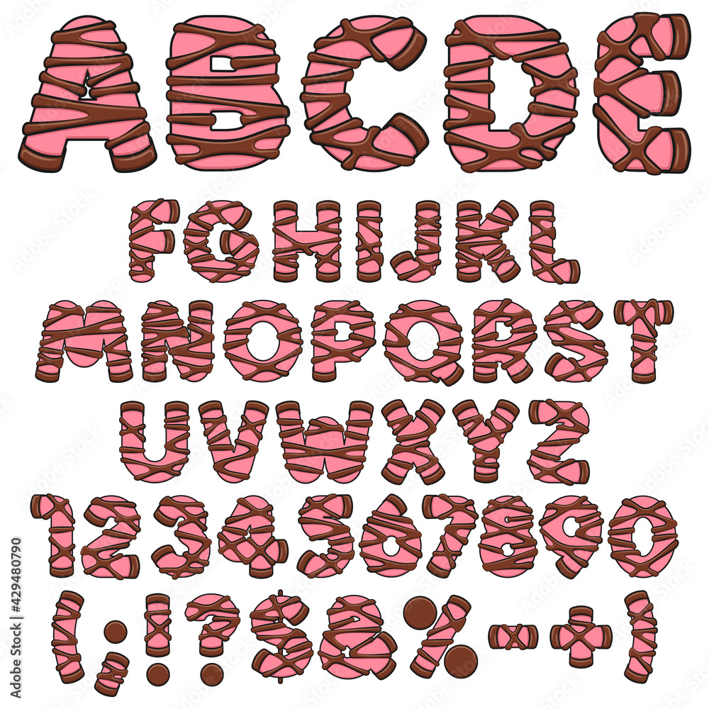 Alphabet, letters, numbers and signs of pink punschrulle, dammsugare. Isolated vector objects on a white background. Alphabet, letters, numbers and signs of pink punschrulle, dammsugare. Isolated vector objects on a white background.