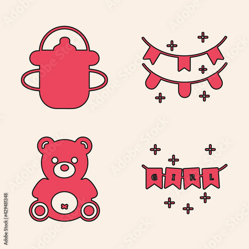 Set Carnival garland with flags, Baby bottle, Carnival garland with flags and Teddy bear plush toy icon. Vector
