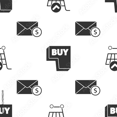 Set Shopping cart with check mark, Buy button and Envelope with coin dollar on seamless pattern. Vector