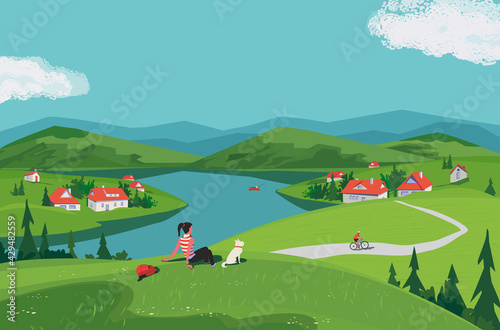Mountain green valley scene vector landscape. Summer season scenic view poster. River side village in mountains. Girl, dog travel to countryside cartoon illustration. Nature outdoors trip background