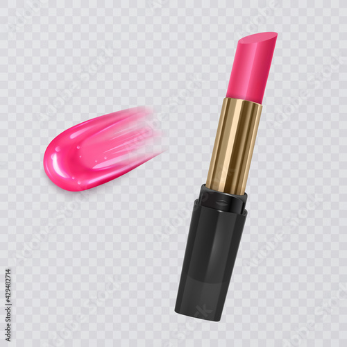 Realistic lipstick and liquid lipstick on transparent background, bright pink lipstick