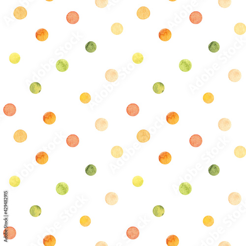 hildren's watercolor seamless pattern. Colorful polka dot background. Painting with yellow, red and green circles. Perfect for textile, fabric, wrapping paper, linens, wallpaper etc.