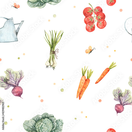 Fototapeta Naklejka Na Ścianę i Meble -  Watercolor seamless pattern with farm vegetables. My summer eco Garden background with carrots, onions, cabbage, beets, tomato. Harvest. Perfect for fabric, textile, invitations, cards, packing, menu