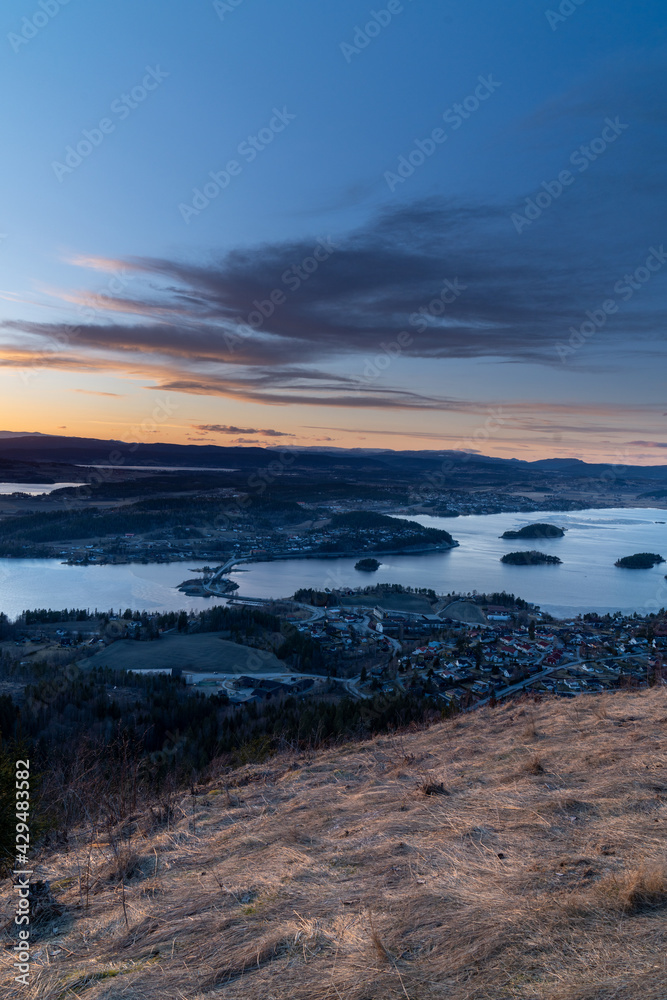 Steinsfjorden, a branch of Lake Tyrifjorden located in Buskerud, Norway. View from Kongens Utsikt (Royal View) at Krokkleiva Steinsfjorden, a branch of Lake Tyrifjorden located in Buskerud, Norway. View from Kongens Utsikt (Royal View) at Krokkleiva