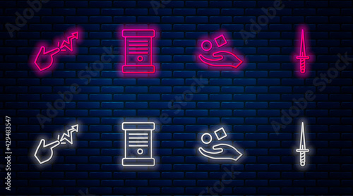 Set line Decree, paper, parchment, scroll, Cube levitating above hand, Spell and Dagger. Glowing neon icon on brick wall. Vector