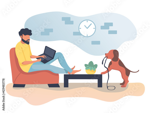 Man on sofa working from home with a laptop with dog. Flat vector illustration of young professional in yellow top. Concept for stay at home indoor job remote work during COVID-19 photo